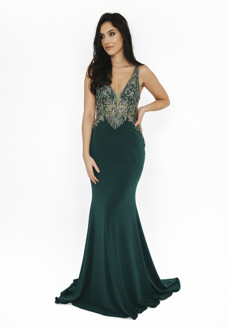 Dynasty-London Green Jersey Evening Dress / Prom Dress